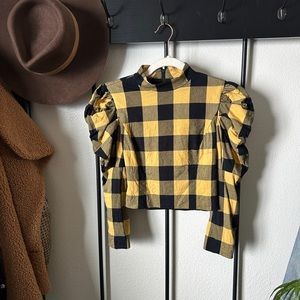 Alice & Olivia yellow black plaid puff sleeve punk cropped button blouse shirt